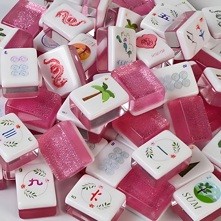 Tuiles de Mahjong en acrylique à paillettes roses